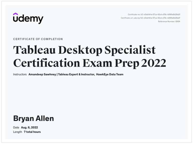 Udemy's Tableau Desktop Specialist Certification
